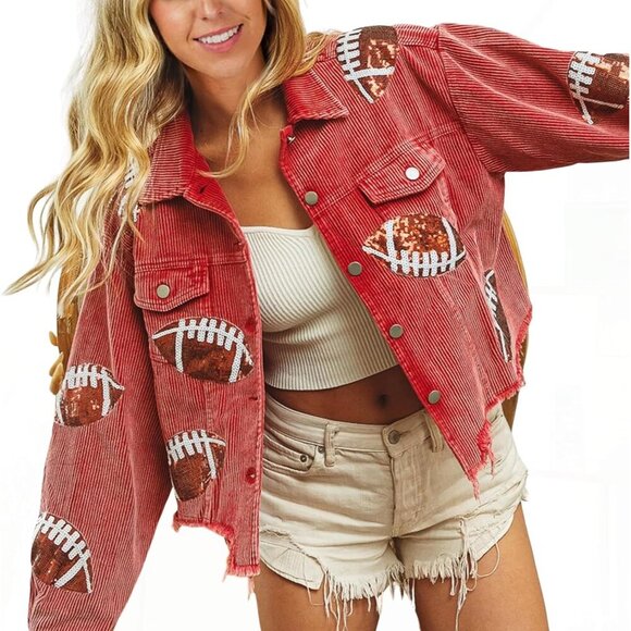 Jackets & Blazers - Women's Cropped Corduroy Jacket Sequin Football Patch Short Button Raw Hem
